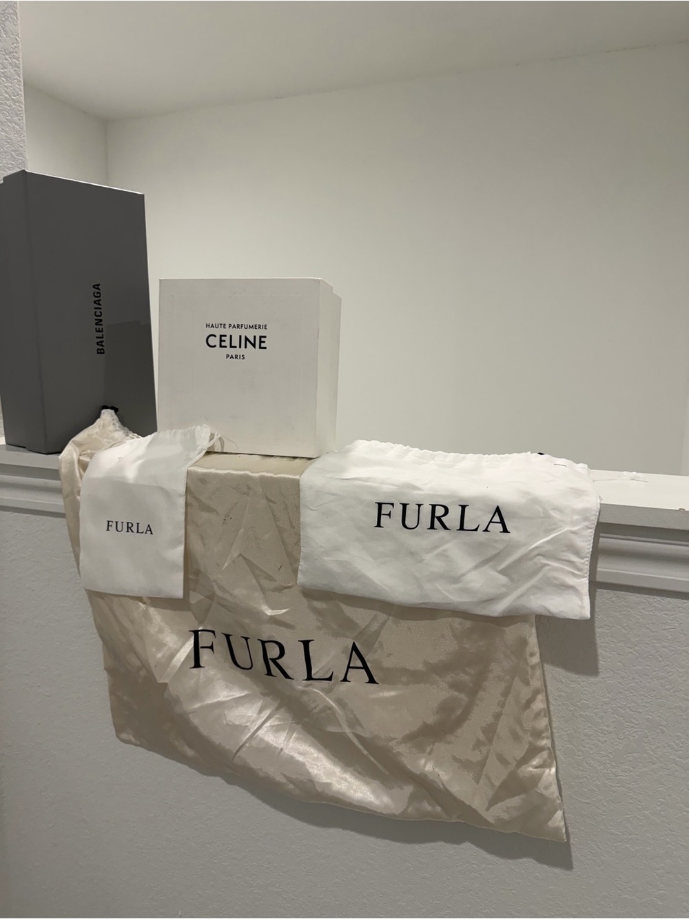 Furla White and Cream Dust Bag Set and 2 branded boxes